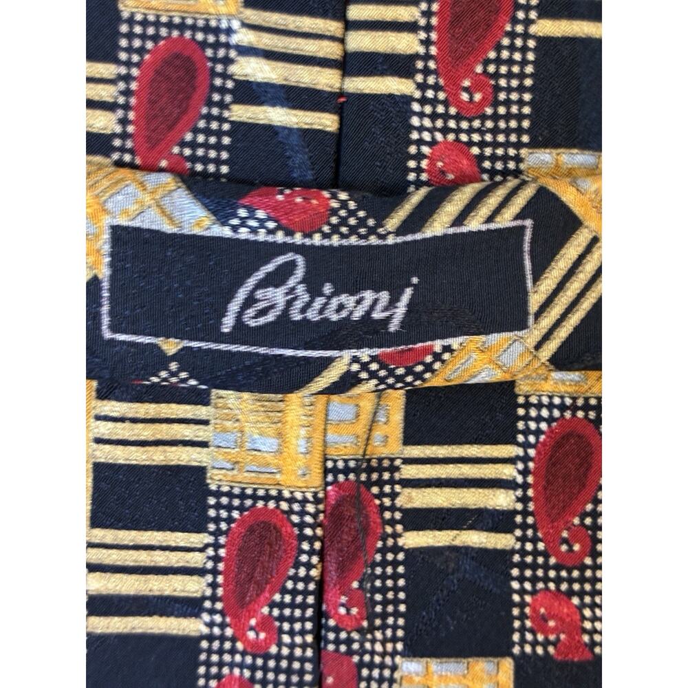 VTG Brioni Italy Silk Tie Extra Long 60" XL Gold Navy Blue Red Paisley Geometric - Picture 4 of 7